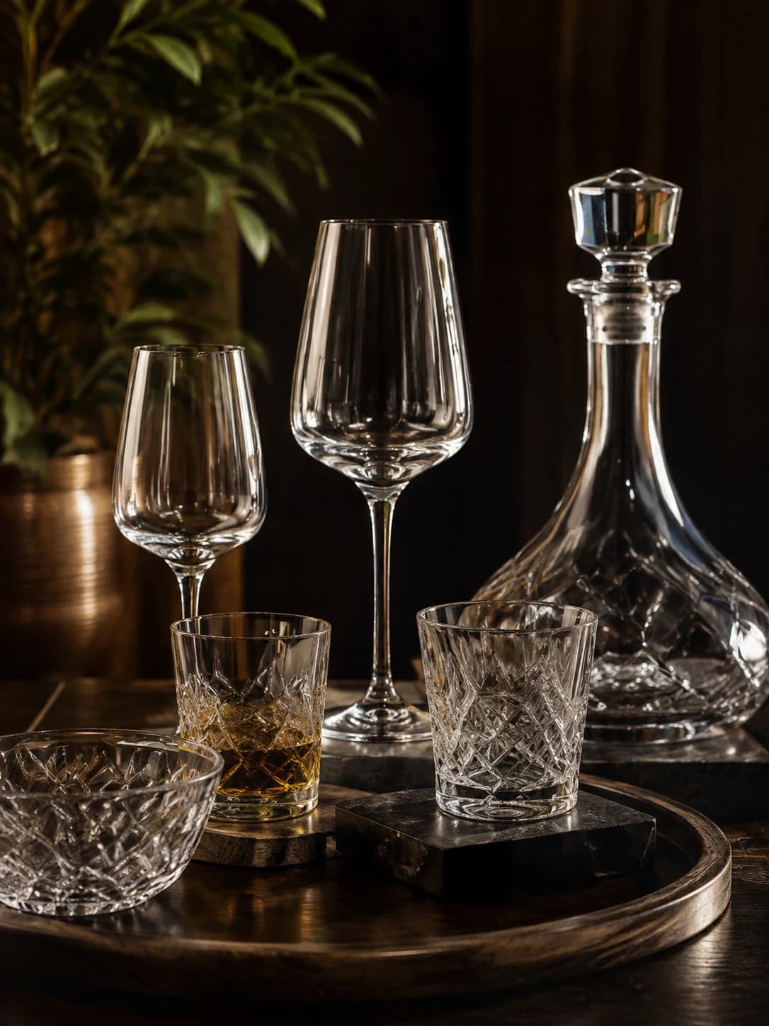 Editorial glassware arrangement of wine glasses and a crystal decanter on a warm wood table