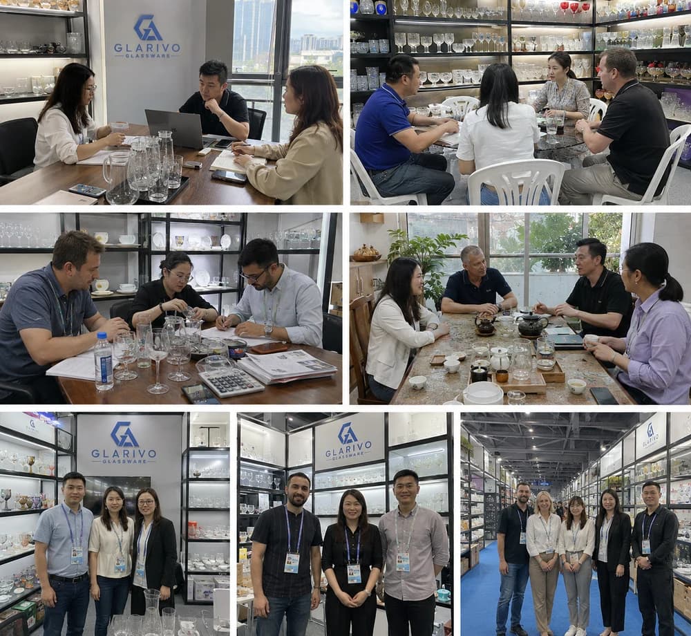 Seven-panel collage of meetings and group scenes around glassware exhibits