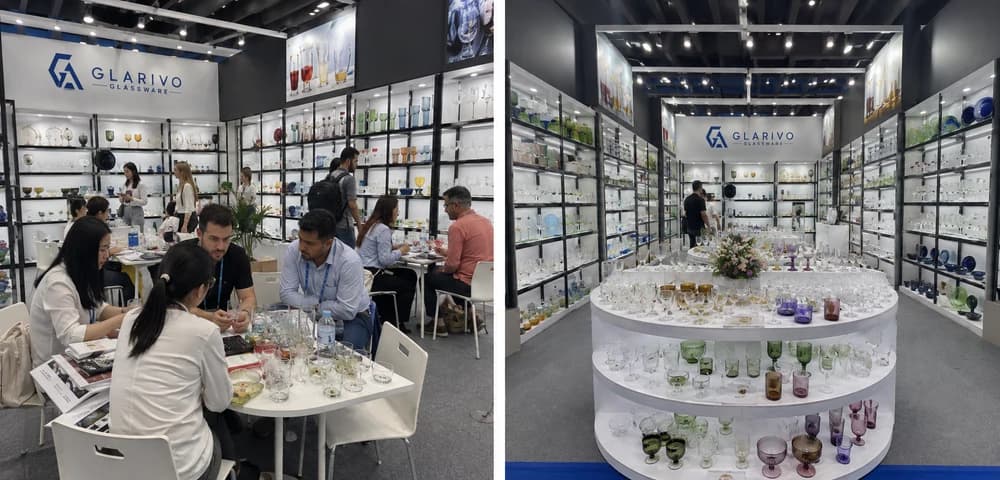 Two-panel collage of people discussing glassware beside exhibition display shelves