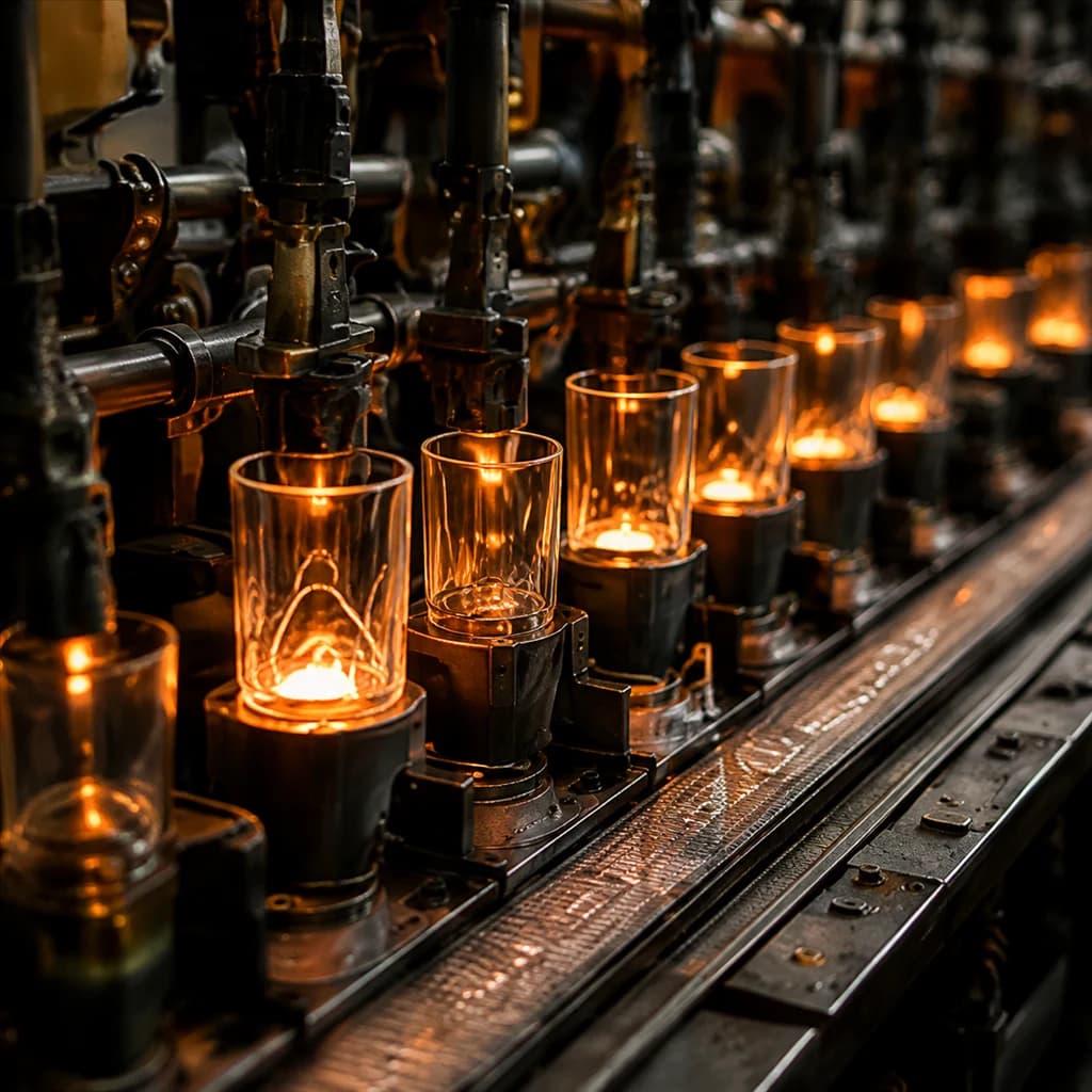 Glassware production equipment in warm furnace light