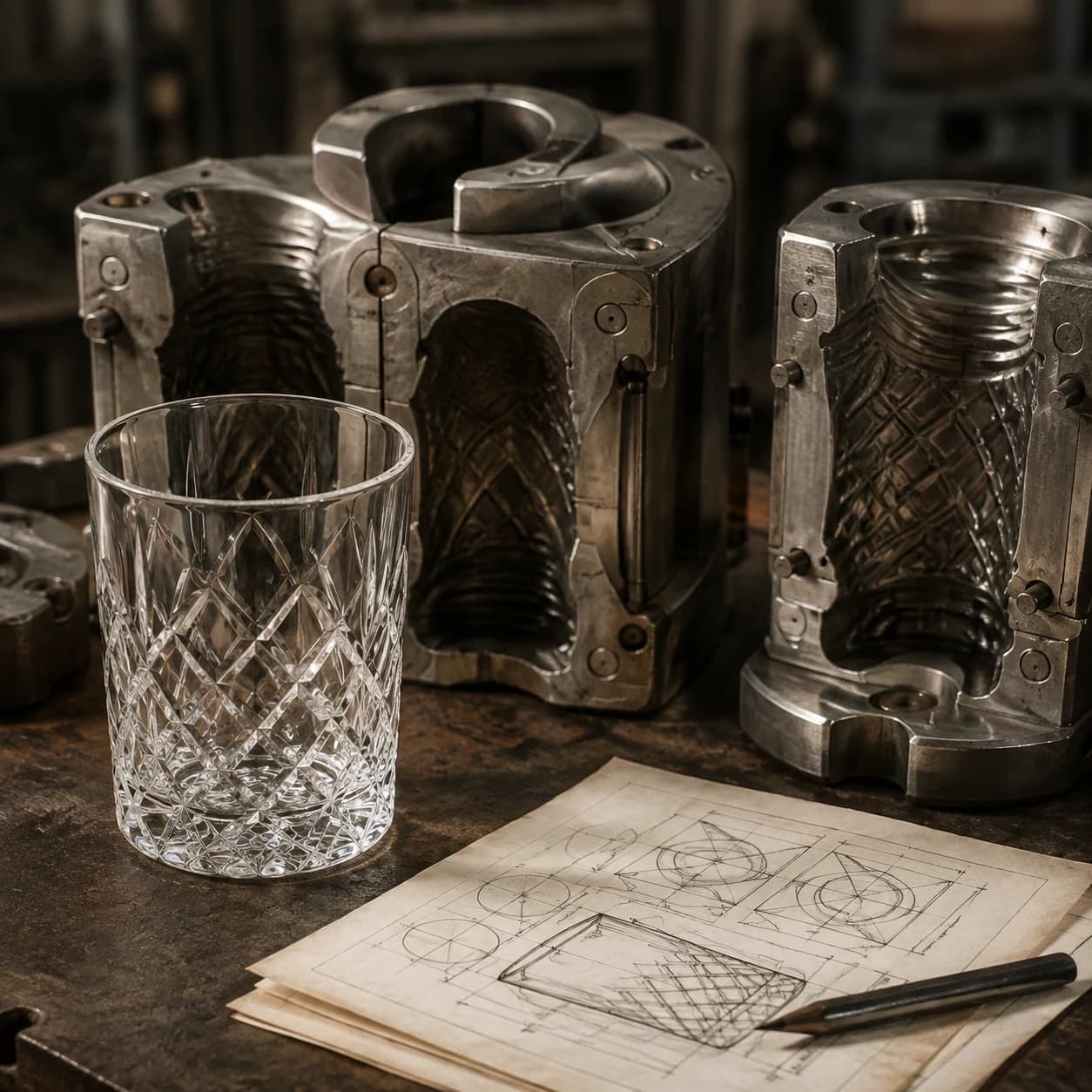 Glass forming moulds and drawings on a workshop table