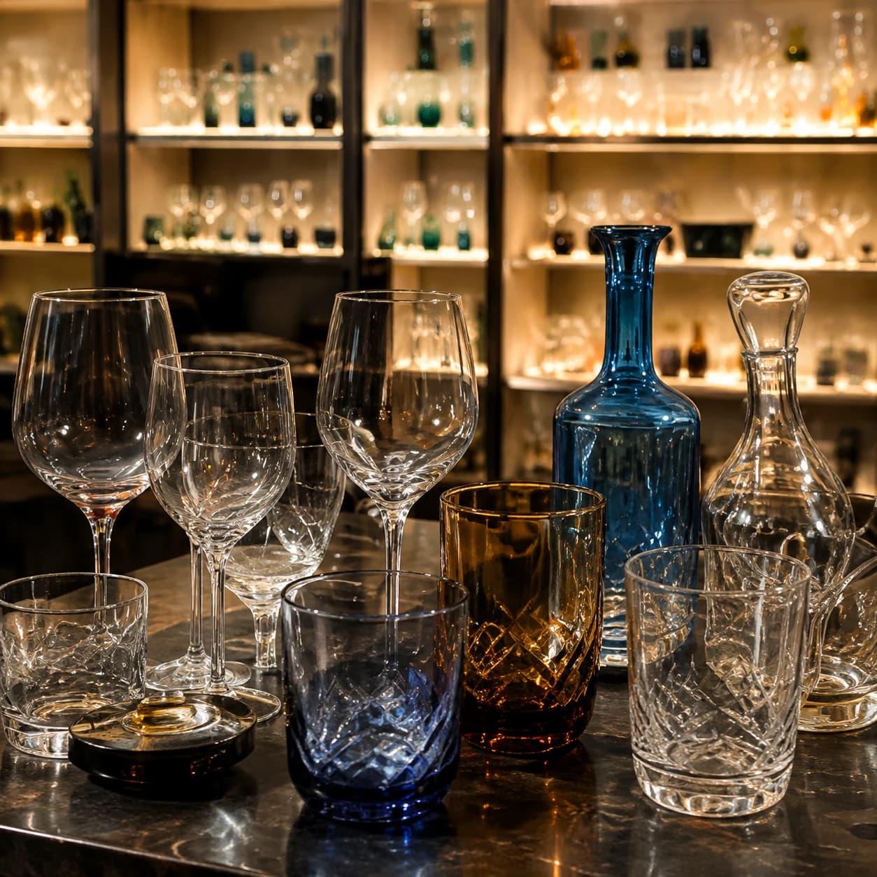 Clear and colored glassware samples on showroom shelves