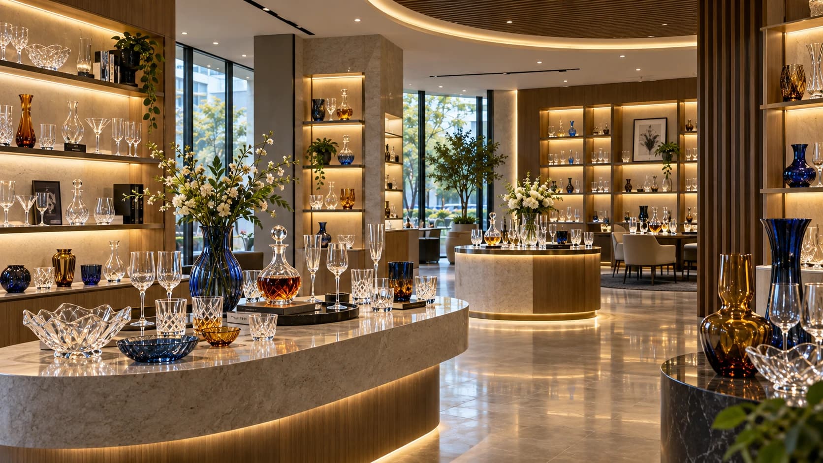 Warm glassware showroom with illuminated wood displays and glass collections