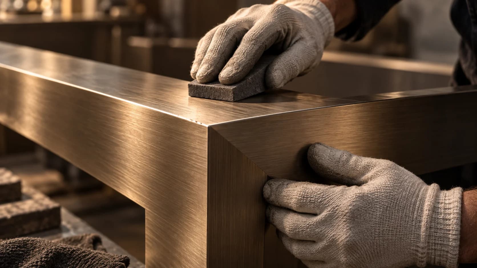 Illustrative closeup of a brushed metal corner being hand finished