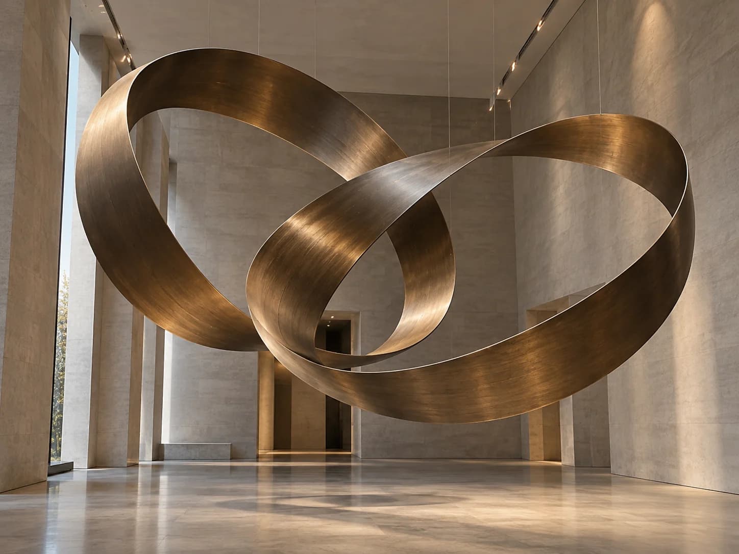 Concept of flowing bronze ribbons suspended in a tall stone interior