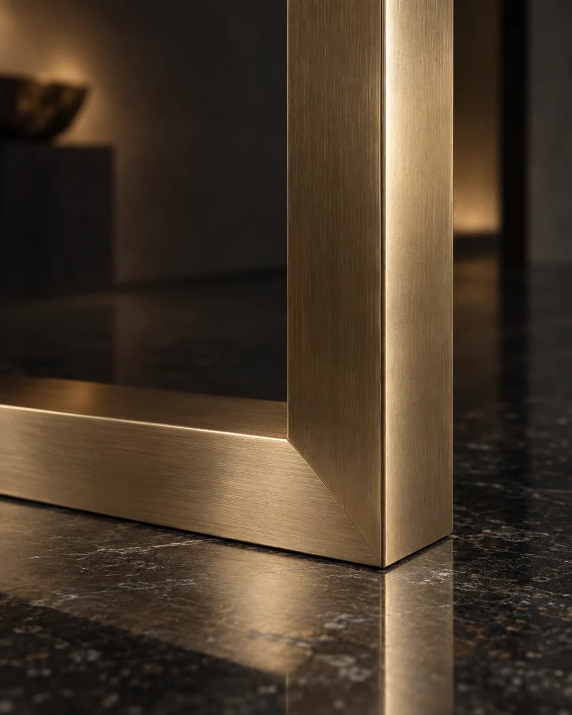 Illustrative close study of a brushed bronze corner and the direction of its surface texture