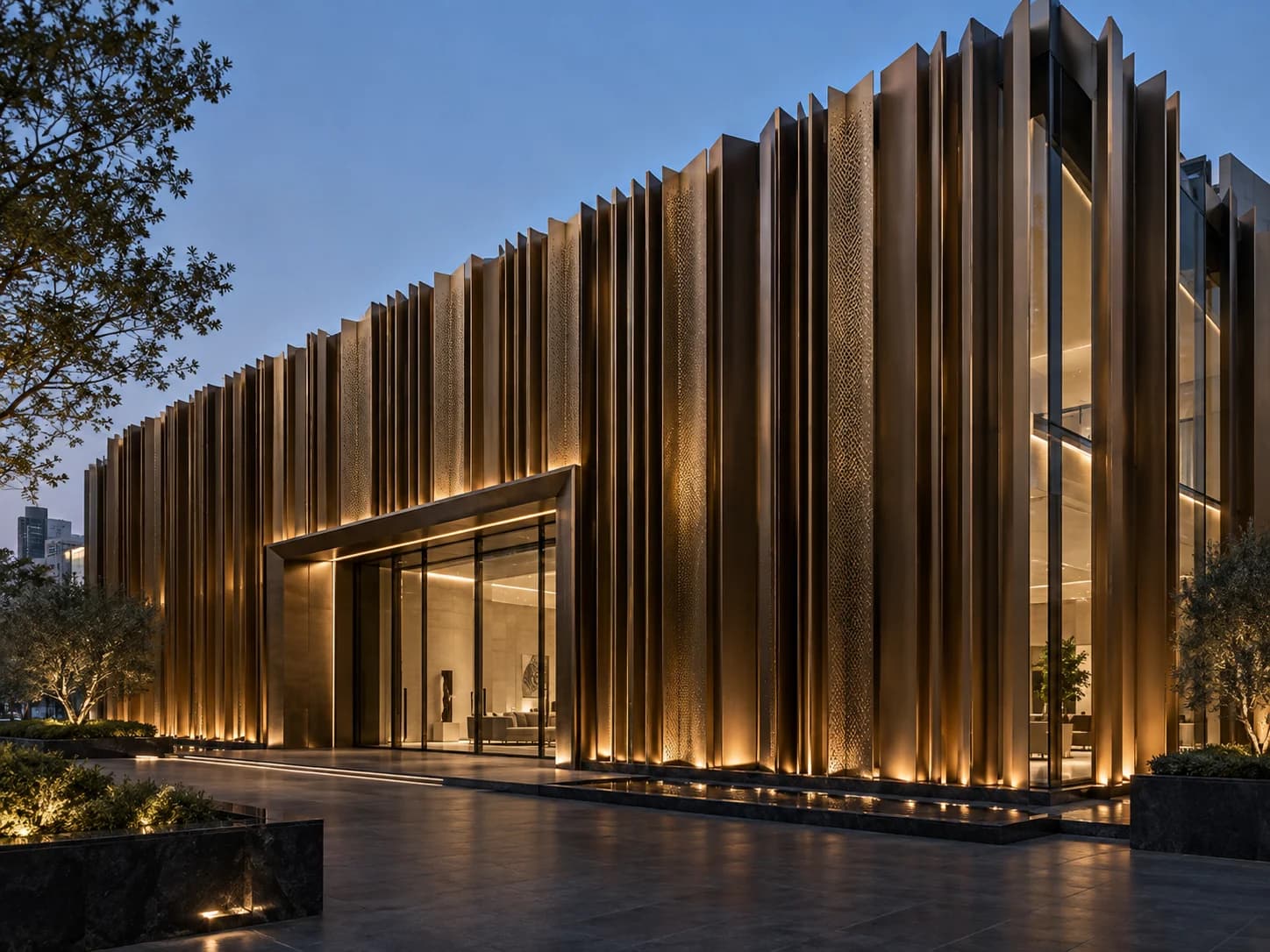 Architectural design concept of a building facade with repeated bronze fins
