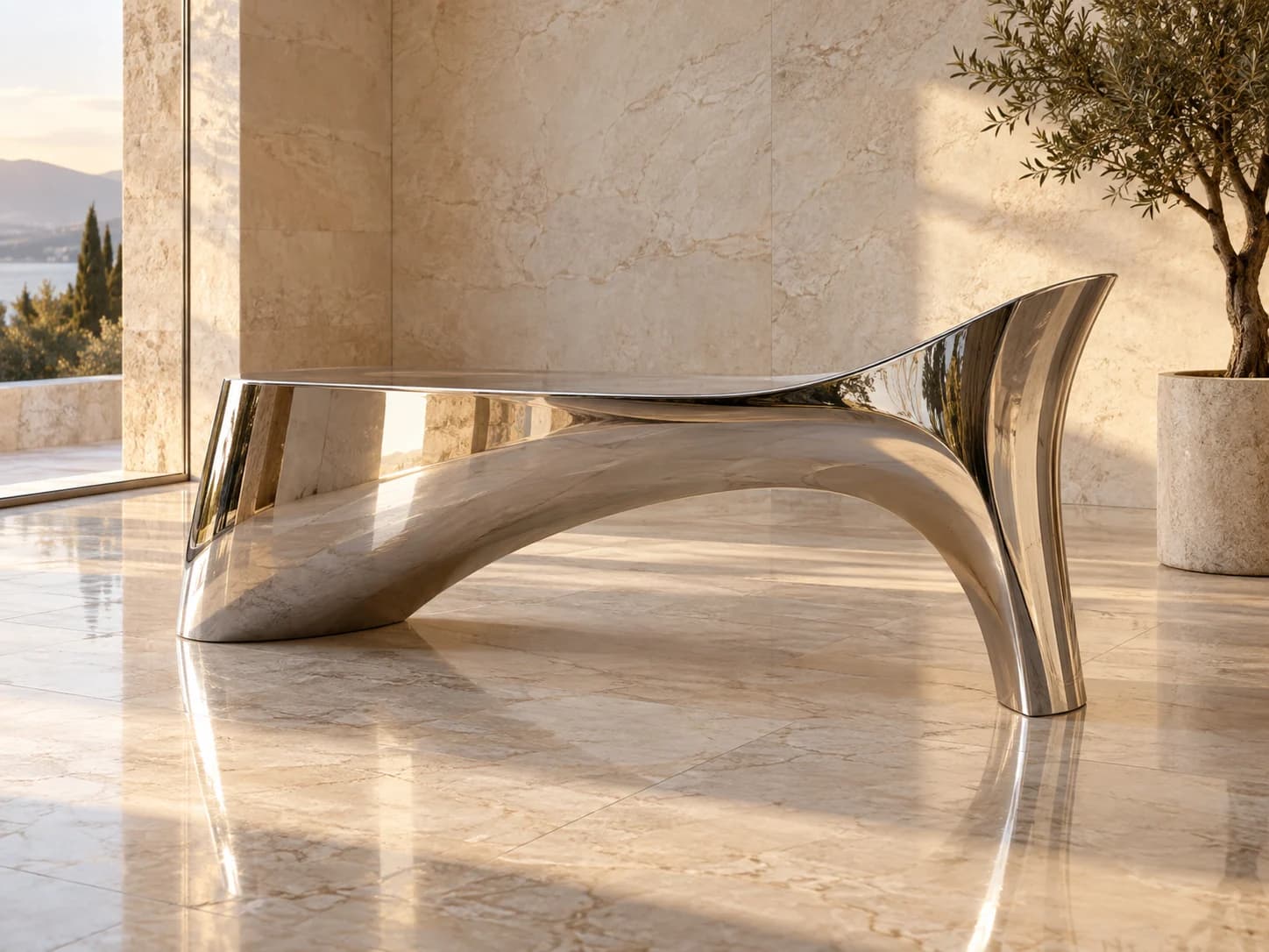 Design concept of a reflective metal sculpture in a light stone interior